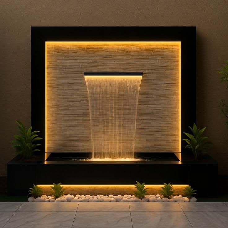 Wall water fountain with a warm-lit waterfall and a pebble base