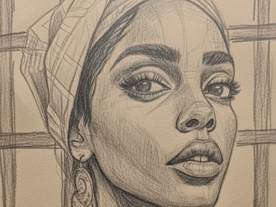 Pencil portrait drawing of a woman in a head wrap and earrings